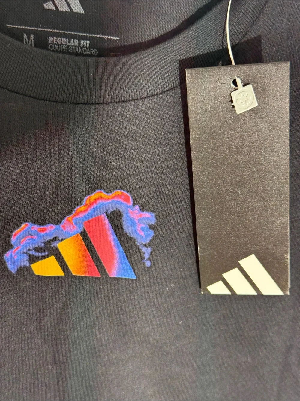 adidas Black Short Sleeve Tee with Small Multicolor Chest Graphic